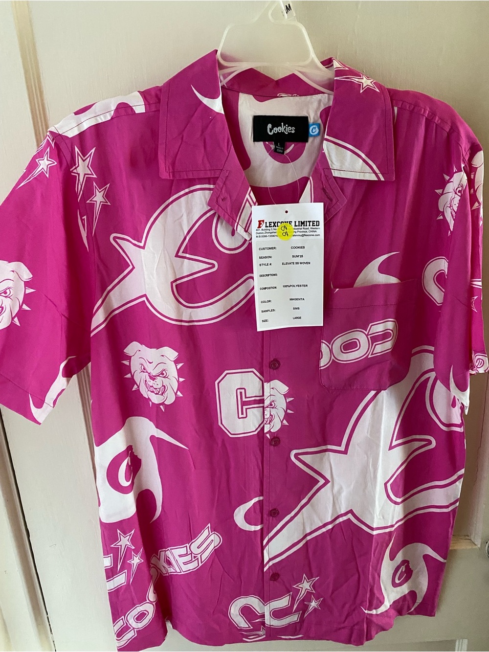 Cookies Men’s Short-Sleeve Button-Down Shirt in Fuchsia/White
